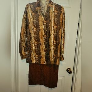 Brown print shirt and brown skirt